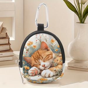 TEMU 꽃밭에서 잠자는 주황색 고양이 패턴이 특징인 미니 지갑, 가벼운 지퍼형 동전 지갑 (후크 클립 포함), 헤드폰 및 열쇠 보관에 적합, 남녀 모두에게 디자인됨