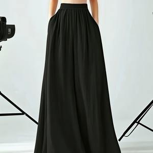 TEMU 여성 패션 트렌드 올 시즌, 다용도 캐주얼, 탄성 허리 밴드, 단색 하이웨이스트 루즈핏 블랙 와이드 레그 팬츠 스커트, 몸매 매력 업