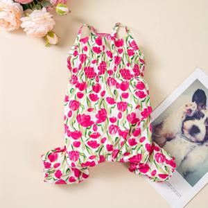 TEMU 튤립 프린트 반려견용 멜빵 롬퍼, 봄/여름 배 보호, 털 털림 방지, 데일리 귀여운 캐주얼웨어, 편안함
