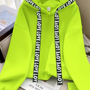TEMU 2025년 가을/겨울 신상 트렌디 형광 컬러 후드티. 오리지널 디자인, 후드 드롭 숄더 스타일, LOVE 영어 드로스트링이 특징이며 쇼핑 및 여행에 완벽 EA9845