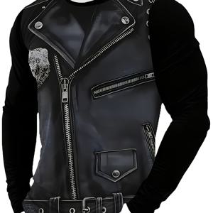 TEMU 남성용 3D 디지털 프린트 캐주얼 티셔츠, 지퍼 레더 패턴 프린트 노벨티 긴팔 2025 신상 선물 추천, 통기성 스트레치 원단 크루넥, 사계절 착용 가능, 매끄러운 질감, 스포티하고 편안한 다용도 패션