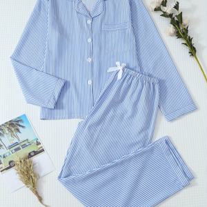 TEMU 청소년용 긴팔 파자마 세트, 파란색과 흰색 프린트, 십대용