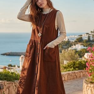 TEMU 2025년 가을/겨울 신상 루즈핏 단색 코듀로이 민소매 원피스, 여성 캐주얼 바캉스 탱크 원피스