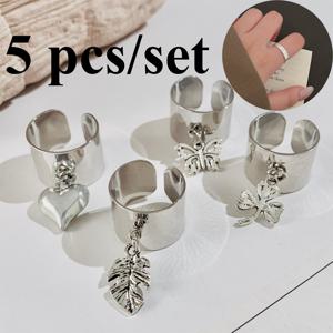 TEMU 5개 여성 패션 반지 세트 - 독특한 클로버, 사랑의 잎, 나비 펜던트 디자인으로, 스타일리시하고 미니멀한 개방형 링 컬렉션이며, 은은한 고급스러움을 자아내는 클래식 링이 함께 제공됩니다.