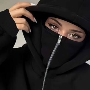 TEMU 여성용 패셔너블 캐주얼 쿨 트렌디 더블 후드 바λα클라바 집업 스웨트셔츠 더블 후드티