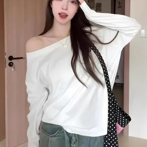 TEMU 화이트 루즈 오프숄더 원숄더 긴팔 티셔츠 여성용 베이스 레이어 탑