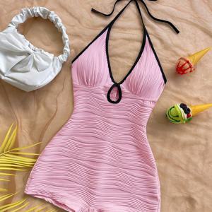 TEMU 여성용 고급스러운 질감의 섹시한 홀터넥 타이백 컬러 블록 트리밍 점프수트, 온천 휴가 수영복