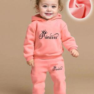 TEMU 베이비 걸 크라운 & 레터 '' (베이비용) 아우터 - 포근한 후드 스웨트슈트 & 팬츠 세트, 겨울 세례식 아웃웨어, 세탁기 사용 가능한 의류 선물, 출산 발표 및 특별한 날에 완벽한 아웃도어용