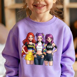 TEMU 소녀 K-Pop 애니메이션 프린트 스웨트셔츠 - 귀여운 카와이 한국 걸 그룹 의상, 봄/가을 루즈핏 스웨터, 플레이데이트 & 이벤트용 (의류)