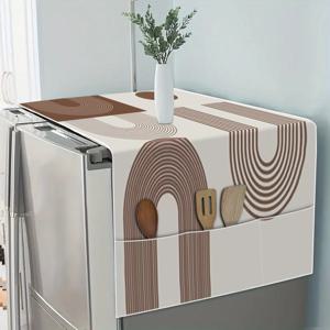 TEMU 갈색과 흰색 곡선 기하학 패턴 프린팅 냉장고 커버, 전자레인지 커버, 오븐 커버, 세탁기 커버, 건조기 커버 포함, 사이드 포켓과 걸이 가방이 있는 다목적 상단 커버, 홈 및 주방용 장식 스토리지 매트
