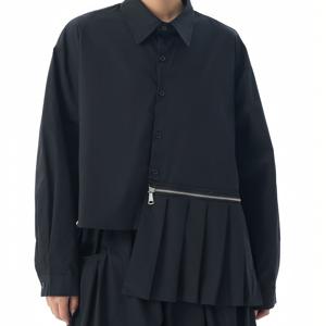 TEMU 일본 스타일 니치 디자인 비대칭 주름 여성 셔츠, 다크 미학 여성용 긴팔 상의