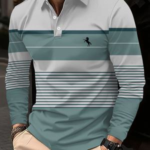 TEMU 남성용 긴팔 폴로 셔츠 캐주얼 3D 프린트 디자인, 회색, 흰색, 녹색 기하학적 패턴 스포티 스타일 남성용 긴팔 셔츠