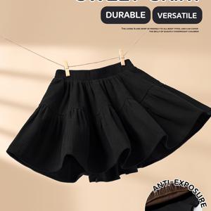 TEMU 여아용 코듀로이 공주 드레스 1개, 빈티지 텍스처, 내구성 및 내마모성, 다리 길이 연장 및 미백 효과, 부드럽고 피부에 친화적, 숏 스커트, 안전 속옷 포함, 허리가 조이지 않음, 블랙, 심플하고 활용도 높음, 선물용으로 적합