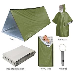 TEMU 올인원 야외 비상 생존 키트: 비상 + 비상 텐트 + 비상 침낭 + 비상 담요 + 호루라기. 캠핑, 하이킹에 적합한 가족 야외 보호 세트