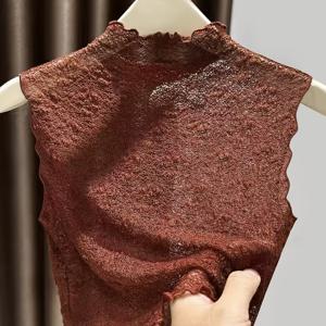 TEMU 가을 겨울용 하프 하이넥 민소매 조끼 얇은 베이스 레이어 나무 귀걸이 부드러운 레이스 페이크 칼라 여성용 속옷 티셔츠