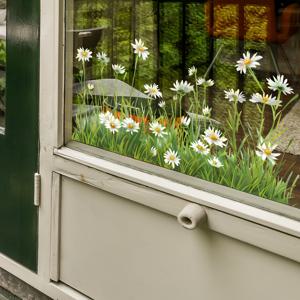 TEMU 화이트 데이지와 풀 창문 스티커 - PET 정전기 필름, 잔여물 없음, 접착제 잔여물 없음, 자가 접착 및 제거 가능, 재사용 가능, 양면 투명 플로랄 가든 데칼, 신선한 봄과 여름 꽃 디자인 스티커, 주방 및 욕실 유리문 홈 데코에 적합