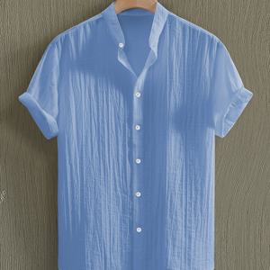 TEMU Mei Xishao OBM 남성용 여름 반팔 셔츠 - 가볍고 통기성 좋은 단색 버튼업 캐주얼 셔츠, 스탠드 칼라, 기계 세탁 가능, 해변 휴가, 수영장 파티, 캐주얼웨어에 적합, 비치 탑