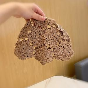 TEMU 6색 여성용 일본식 镂空 수제 코바늘 뜨개질 풀오버 비니, 여성용 아웃도어 빈티지 기질의 통기성 스컬캡