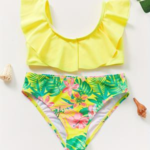 TEMU 시크한 여아용 트로피컬 프린트 비키니 세트, 러플 트림 - 신축성 있고 세탁기 사용 가능한 수영복, 5-14세용