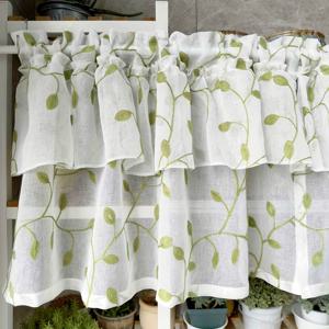 TEMU 1pc 농가 막대 포켓 커튼 러스틱 그린 리프 자수 이중 레이어 짧은 커튼 티어 주방 커튼 발란스 문 파티션 발코니 홈 데코용