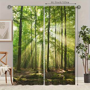 TEMU 햇빛 숲 프린트 커튼 2개 세트, 햇빛이 비치는 풍경, 침실, 사무실, 주방, 거실, 서재, 홈 데코에 간편하게 걸 수 있음, 로드 포켓 설치에 적합