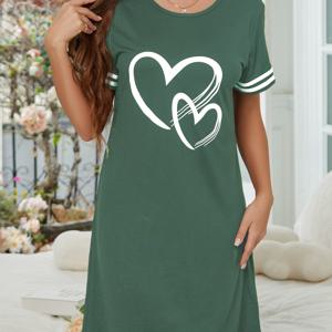 TEMU 하트 & 프린트 여성용 캐주얼 반팔 슬립 드레스 - 부드러운 라운드 넥 나이트가운, 세탁기 사용 가능한 봄/여름 라운지 드레스, 성인용 여름 잠옷, 비침 방지 소재