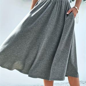 TEMU 패션 탄성 허리 스커트 (포켓 포함) | 단색, 올 시즌 여성용 스커트