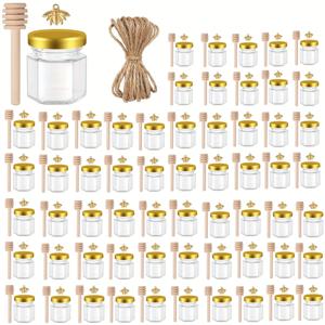 TEMU 45ml/1.5oz, 60ml/2oz, 85ml/3oz, /50/60개 멀티 사이즈 꿀병 세트, 미니 꿀병 파티 답례품 대용량, 작은 육각형 유리 꿀병, 뚜껑 포함 유리 보관 용기, 골든 뚜껑, 참 장식, 황마줄, 샤워 파티, 결혼식 답례품용