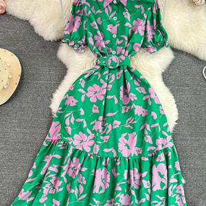 TEMU 여성용 빈티지 프린트 맥시 드레스 - 웨딩 & 봄/여름 이벤트용 우아한 A라인 드레스, 숏 버스틸리브, 벨티드 웨이스트, 세탁기 사용 가능