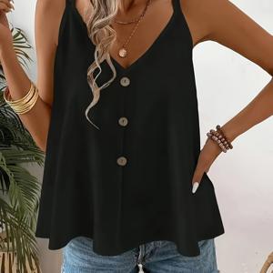 TEMU 우아한 블랙 V넥 캐미솔, 장식 버튼 - 민소매 캐미 탑