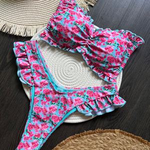 TEMU 새로운 프린트 플란스 비키니 세트, 로우 웨이스트 타이, 유럽 및 미국 패션 프린트 인스 스타일, 스위트 앤 퍼스 디자이어 스타일, 디지털 프린트, 작은 신선하고 귀여운 리본 플로럴 스플릿 바캉스 수영복 여성 비키니