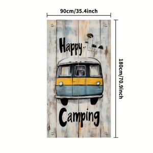 TEMU 1개 해피 캠핑 빈티지 RV 문 배너 - '해피 캠핑' 텍스트와 만화 캠퍼 밴 디자인의 레트로 캠핑 장식, 폴리에스터 원단, 전기 필요 없음, 방이나 현관 장식에 완벽함, 축제 분위기의 문 장식 | 레트로 스타일 장식 | 내구성 있는 문 커튼
