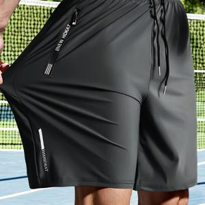 TEMU 남성용 여름 캐주얼 아이스 실키 섬유 원단 신축성 높은 무릎 기장 반바지, 드로스트링 허리, 레터 지퍼 포켓, 피트니스, 스포츠, 달리기, 야외 활동용