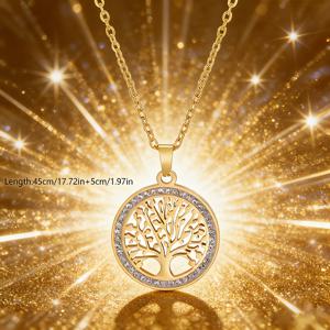 TEMU 1개 고급스럽고 우아한 스테인리스 스틸 금도금 생명의 나무 여성용 펜던트 목걸이, 반짝이는 인조 큐빅 보석 상감 - 남녀공용 주얼리, 발렌타인데이, 생일, 기념일을 위한 상징적인 선물, 사계절용 활용도 높은 액세서리, 친구, 가족, 사랑하는 사람을 위한 완벽한 선물