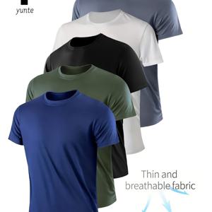 TEMU 네이비 블루, 아미 그린, 블랙, 화이트, 그리고 그레이 혼합 색상의 5종 세트, 초경량 남성용 크루넥 티셔츠 - 속건성, 통기성, 흡습성 셔츠, 피트니스, 헬스, 러닝에 적합, 가볍고 편안함, 땀 방지