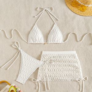 TEMU 2025 신상 여성용 비키니 수영복 목걸이 펜던트 3피스 세트 쉬폰 랩 스커트 수영복