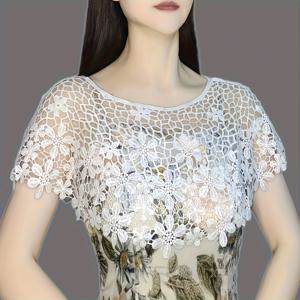 TEMU 여성용 우아한 홀 아웃 레이스 숄 케이프 - 모노크롬 풀오버 디자인, 가볍고 통기성 좋은 자카드 레이스 여름용 스커트 스모크, 캐주얼 외출 및 일상복으로 활용 가능한 멀티웨어