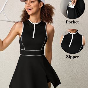 TEMU 여름용 퀵 드라이, 고탄력, 통기성, 요가 드레스 (미니넥 디자인의 민소매 피트니스 탑 및 포켓형 노출 방지 반바지 포함). 러닝, 통근 및 야외 활동에 적합한 여성용 투피스 스포츠 의상