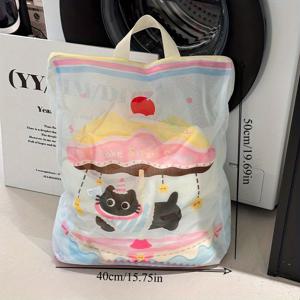 TEMU 세탁기용 워시백 - 두꺼운 내구성 폴리에스터 섬유, 지퍼 클로저가 있는 귀여운 고양이 & 컵케이크 디자인의 민감한 옷 보호 가방, 브라, 스웨터, 란제리용 다목적 세탁망