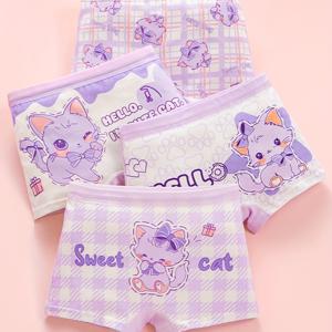 TEMU 4개 세트 여아용 귀여운 고양이 프린팅 팬티, 소프트하고 통기성 좋은 보이쉬트 바지, 어린이용 카툰 캐릭터 밴딩 팬츠