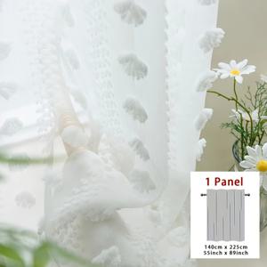 TEMU 프렌치 컨트리 스타일과 폼폼 트림이 있는 시어 화이트 커튼 - 빛을 필터링하도록 설계되었으며, 거실, 침실 또는 발코니에서 간편하게 걸 수 있도록 로드 포켓이 특징입니다 - 부드러운 폴리에스터 원단으로 제작되어 로맨틱한 장식 감각을 더합니다.