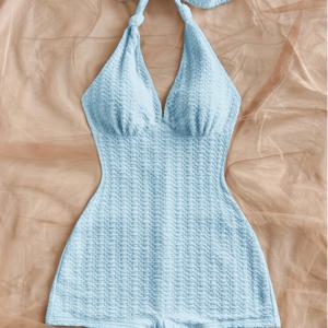 TEMU 여성용 홀터넥 허리 조임 점프수트, 딥 브이넥라인, 슬림핏 디자인, 파티, 데이트, 레이어드용으로 적합