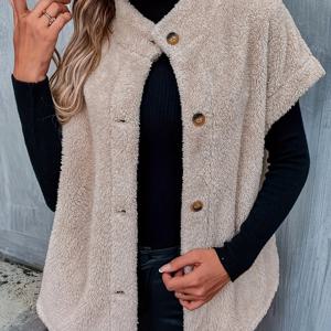 TEMU 가을/겨울 패션 솔리드 컬러 플러시 반팔 캐주얼 자켓, 여성용 다용도 데일리 아웃팅 및 출근용 탑