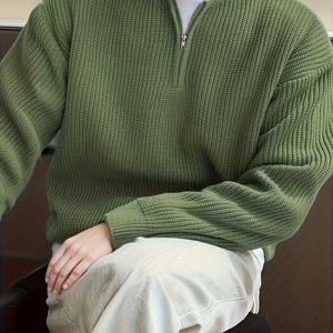 TEMU 남성 패션 V넥 지퍼 디자인 솔리드 컬러 스웨터 드롭 숄더 니트 가을 겨울 캐주얼 스웨터