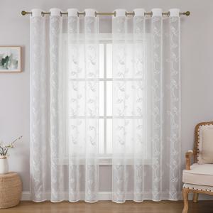 TEMU 2개 세트 화이트 리프 식물 자수 반투명 커튼, 북유럽 스타일 - 침실, 사무실, 거실, 발코니 장식용