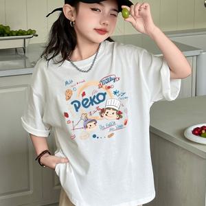 TEMU 소녀용 오버사이즈 반팔 티셔츠 - 여름 기하학 프린트 라운드넥 탑, 통기성 스트레치 원단, 세탁기 사용 가능 캐주얼 티, 유아 및 청소년용, 비투명 소재