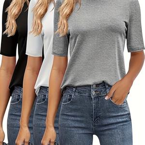 TEMU 여성용 모크 터틀넥 셔츠 3종 세트, 반팔 탑, 포멀 캐주얼 하이넥 티셔츠, 기본 여름 셔츠