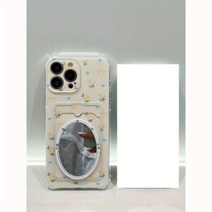 TEMU 핑크 튤립 패턴 카드 슬롯 화장 거울 휴대폰 케이스, 충격 방지 및 낙하 방지, 동전 지갑 포함, 여아용, 아이폰 16/16 Pro/16 Pro Max/15 Pro/15 Pro Max/14/14 Pro Max/13/12/11/XS Max/XR용