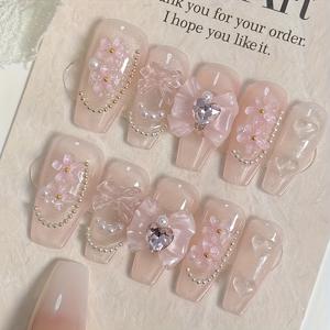 TEMU 럭셔리 브라이덜 네일 세트 10개, 롱 발레 쉐입, 젠틀 핑크, 입체적인 작은 꽃, 나비 매듭, 캔디 하트 , 고급 인조 네일, 파티, 댄스 및 데일리 웨어에 적합, 젤리 글루 및 네일 파일 포함