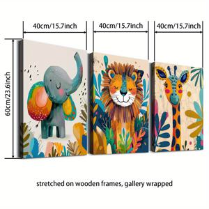 TEMU 2D 플랫, 2D 플랫, 나무 프레임 야생 동물 아트 프린트 3종 세트 - 생생한 정글 동물, 가정 및 기숙사 장식을 위한 캔버스 포스터